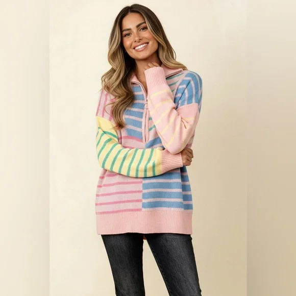 Pink blue stripe half zip contrast western print pullover sweatshirt tunic top - Picture 4 of 8